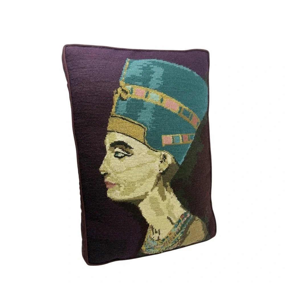 Vintage Nefertiti Eyptian Needlepoint Pillow